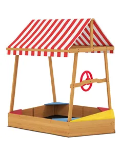 AIYAPLAY Wooden Kids Sandpit Boat Style with Canopy, 4 Seats, Rudder, Bottom Liner, for Children 3-8 Years, Yellow