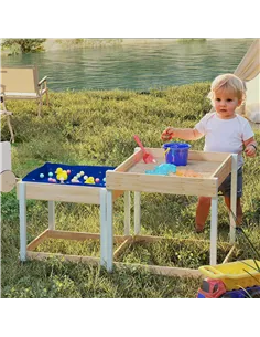 AIYAPLAY 2 PCS Wooden Outdoor Sand and Water Play Tables with Bottom Liner for Kids Aged 3-8 Years Old, Natural Wood Finish 2