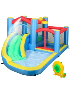 AIYAPLAY Inflatable Bouncy Castle with 550W Blower, Basketball Hoop, Long Slide, Dart Board, Carrying Bag, 385 x 290 x 180 cm