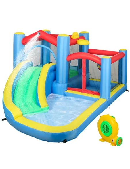 AIYAPLAY Inflatable Bouncy Castle with 550W Blower, Basketball Hoop, Long Slide, Dart Board, Carrying Bag, 385 x 290 x 180 cm