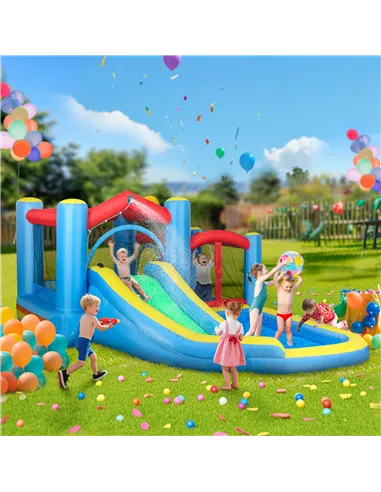 AIYAPLAY Inflatable Bouncy Castle with 550W Blower, Basketball Hoop, Long Slide, Dart Board, Carrying Bag, 385 x 290 x 180 cm