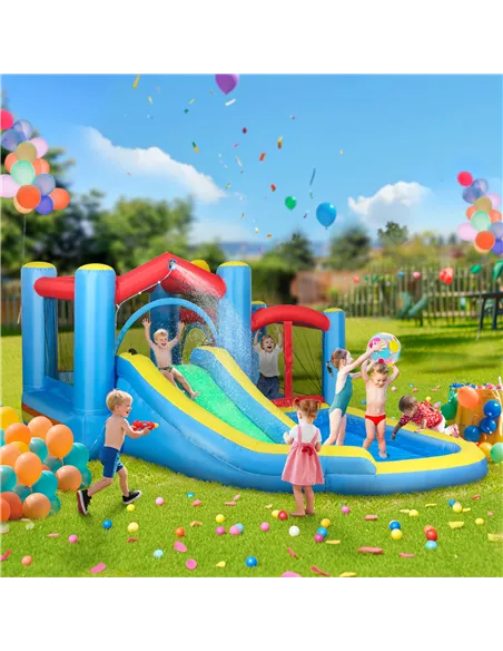 AIYAPLAY Inflatable Bouncy Castle with 550W Blower, Basketball Hoop, Long Slide, Dart Board, Carrying Bag, 385 x 290 x 180 cm