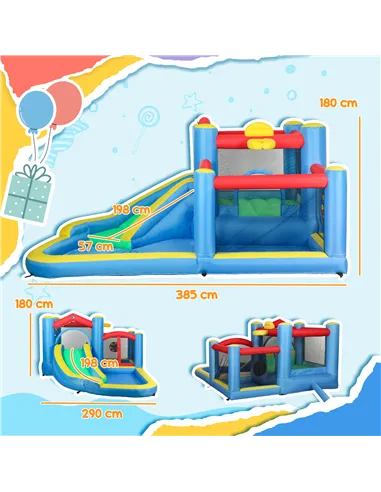 AIYAPLAY Inflatable Bouncy Castle with 550W Blower, Basketball Hoop, Long Slide, Dart Board, Carrying Bag, 385 x 290 x 180 cm