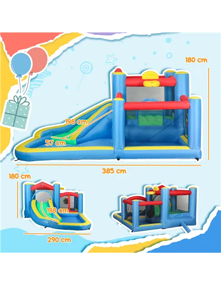 AIYAPLAY Inflatable Bouncy Castle with 550W Blower, Basketball Hoop, Long Slide, Dart Board, Carrying Bag, 385 x 290 x 180 cm