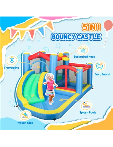 AIYAPLAY Inflatable Bouncy Castle with 550W Blower, Basketball Hoop, Long Slide, Dart Board, Carrying Bag, 385 x 290 x 180 cm