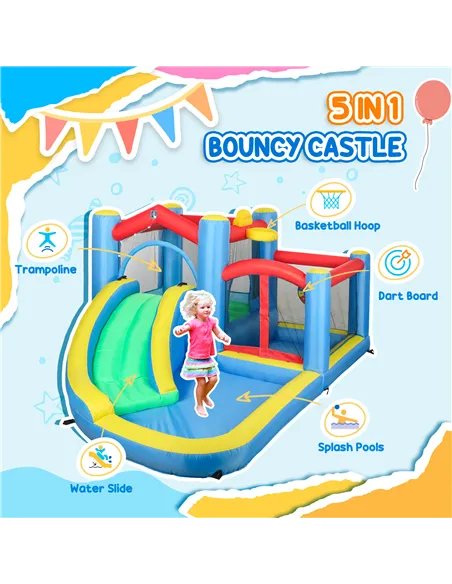 AIYAPLAY Inflatable Bouncy Castle with 550W Blower, Basketball Hoop, Long Slide, Dart Board, Carrying Bag, 385 x 290 x 180 cm