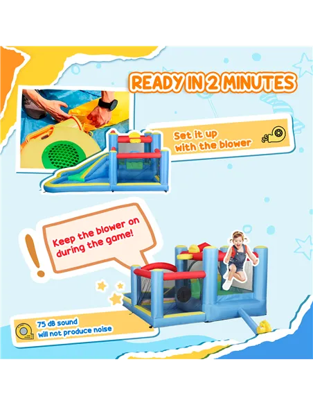 AIYAPLAY Inflatable Bouncy Castle with 550W Blower, Basketball Hoop, Long Slide, Dart Board, Carrying Bag, 385 x 290 x 180 cm