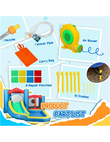 AIYAPLAY Inflatable Bouncy Castle with 550W Blower, Basketball Hoop, Long Slide, Dart Board, Carrying Bag, 385 x 290 x 180 cm