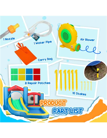 AIYAPLAY Inflatable Bouncy Castle with 550W Blower, Basketball Hoop, Long Slide, Dart Board, Carrying Bag, 385 x 290 x 180 cm