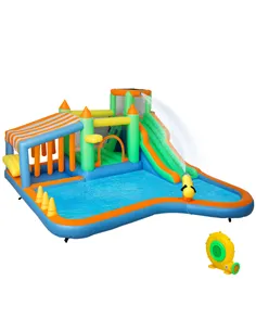AIYAPLAY 8 in 1 Inflatable Bounce House with 680W Blower, Slide, 2 Pools, Basketball Hoop, Climbing Wall, Water Gun, Ring Toss
