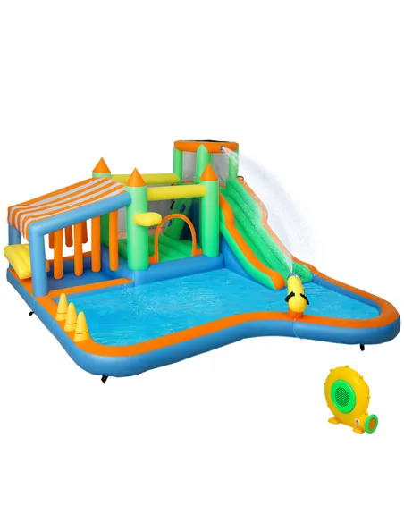 AIYAPLAY 8 in 1 Inflatable Bounce House with 680W Blower, Slide, 2 Pools, Basketball Hoop, Climbing Wall, Water Gun, Ring Toss