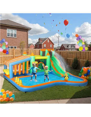 AIYAPLAY 8 in 1 Inflatable Bounce House with 680W Blower, Slide, 2 Pools, Basketball Hoop, Climbing Wall, Water Gun, Ring Toss