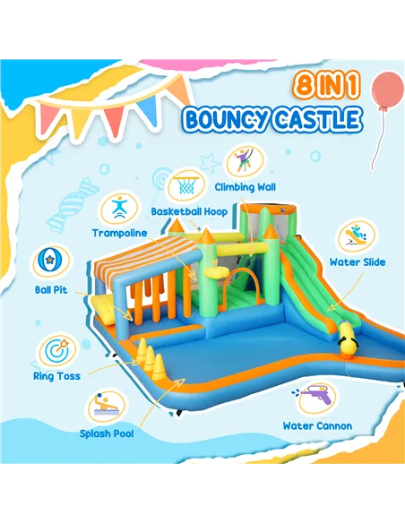 AIYAPLAY 8 in 1 Inflatable Bounce House with 680W Blower, Slide, 2 Pools, Basketball Hoop, Climbing Wall, Water Gun, Ring Toss