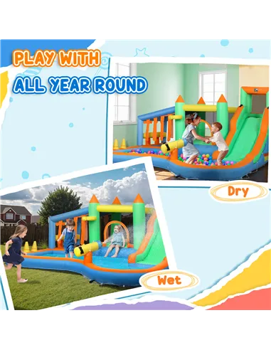 AIYAPLAY 8 in 1 Inflatable Bounce House with 680W Blower, Slide, 2 Pools, Basketball Hoop, Climbing Wall, Water Gun, Ring Toss