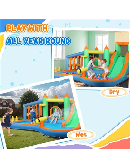 AIYAPLAY 8 in 1 Inflatable Bounce House with 680W Blower, Slide, 2 Pools, Basketball Hoop, Climbing Wall, Water Gun, Ring Toss