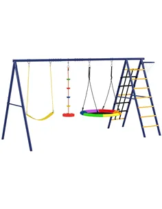 AIYAPLAY 6 in 1 Metal Kids Swing Set with 3 Swings, Climbing Ladder & Net, Basketball Hoop, for Ages 3-8