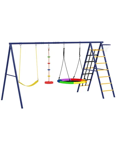 AIYAPLAY 6 in 1 Metal Kids Swing Set with 3 Swings, Climbing Ladder & Net, Basketball Hoop, for Ages 3-8