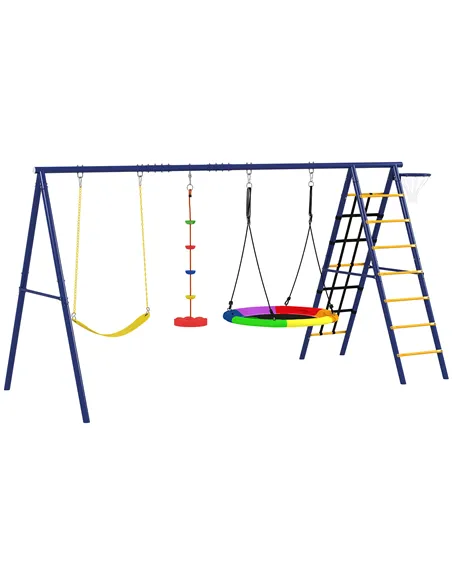 AIYAPLAY 6 in 1 Metal Kids Swing Set with 3 Swings, Climbing Ladder & Net, Basketball Hoop, for Ages 3-8