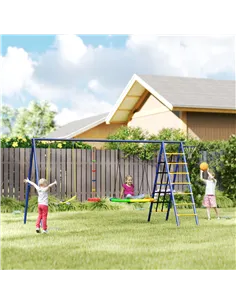 AIYAPLAY 6 in 1 Metal Kids Swing Set with 3 Swings, Climbing Ladder & Net, Basketball Hoop, for Ages 3-8 2