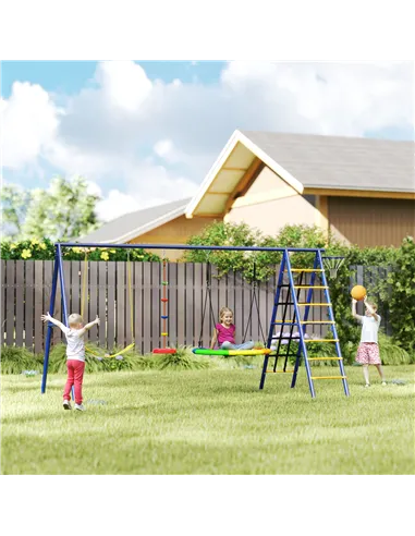 AIYAPLAY 6 in 1 Metal Kids Swing Set with 3 Swings, Climbing Ladder & Net, Basketball Hoop, for Ages 3-8