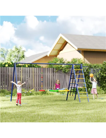 AIYAPLAY 6 in 1 Metal Kids Swing Set with 3 Swings, Climbing Ladder & Net, Basketball Hoop, for Ages 3-8