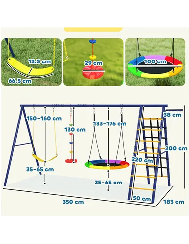 AIYAPLAY 6 in 1 Metal Kids Swing Set with 3 Swings, Climbing Ladder & Net, Basketball Hoop, for Ages 3-8