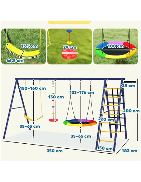 AIYAPLAY 6 in 1 Metal Kids Swing Set with 3 Swings, Climbing Ladder & Net, Basketball Hoop, for Ages 3-8