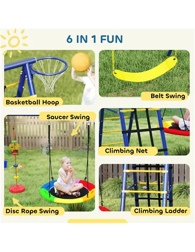 AIYAPLAY 6 in 1 Metal Kids Swing Set with 3 Swings, Climbing Ladder & Net, Basketball Hoop, for Ages 3-8