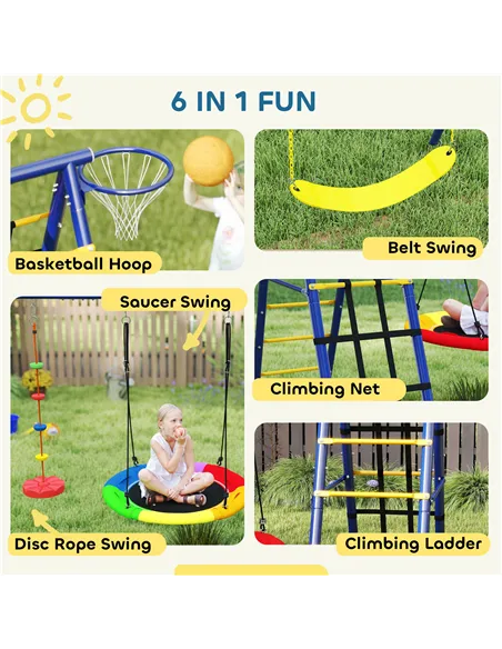 AIYAPLAY 6 in 1 Metal Kids Swing Set with 3 Swings, Climbing Ladder & Net, Basketball Hoop, for Ages 3-8