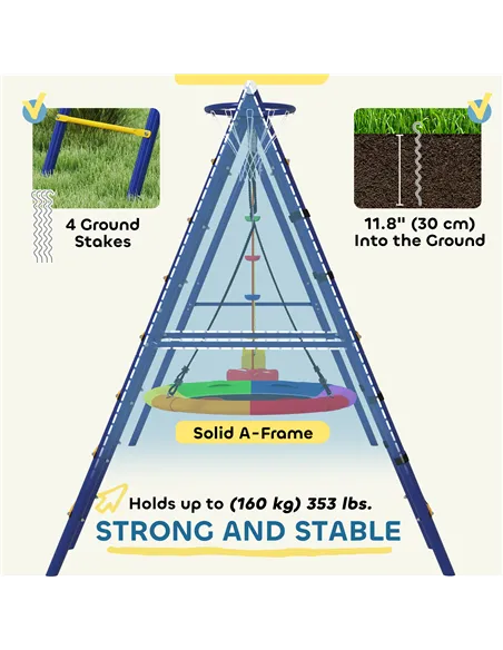 AIYAPLAY 6 in 1 Metal Kids Swing Set with 3 Swings, Climbing Ladder & Net, Basketball Hoop, for Ages 3-8