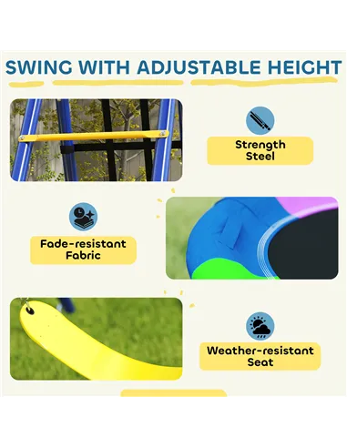 AIYAPLAY 6 in 1 Metal Kids Swing Set with 3 Swings, Climbing Ladder & Net, Basketball Hoop, for Ages 3-8