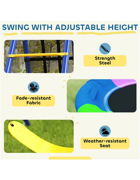 AIYAPLAY 6 in 1 Metal Kids Swing Set with 3 Swings, Climbing Ladder & Net, Basketball Hoop, for Ages 3-8