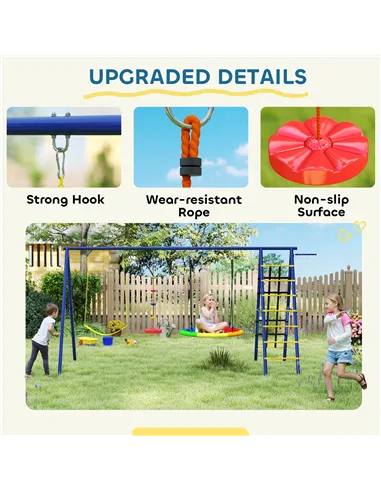 AIYAPLAY 6 in 1 Metal Kids Swing Set with 3 Swings, Climbing Ladder & Net, Basketball Hoop, for Ages 3-8