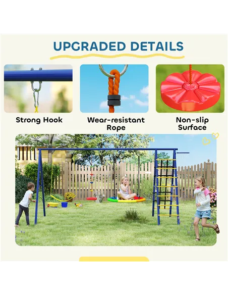 AIYAPLAY 6 in 1 Metal Kids Swing Set with 3 Swings, Climbing Ladder & Net, Basketball Hoop, for Ages 3-8