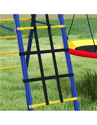 AIYAPLAY 6 in 1 Metal Kids Swing Set with 3 Swings, Climbing Ladder & Net, Basketball Hoop, for Ages 3-8