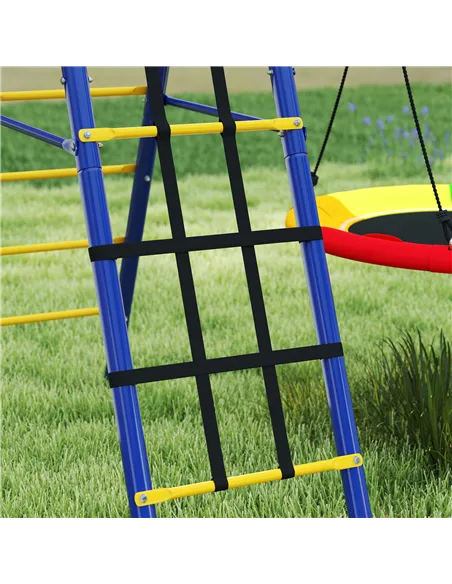 AIYAPLAY 6 in 1 Metal Kids Swing Set with 3 Swings, Climbing Ladder & Net, Basketball Hoop, for Ages 3-8