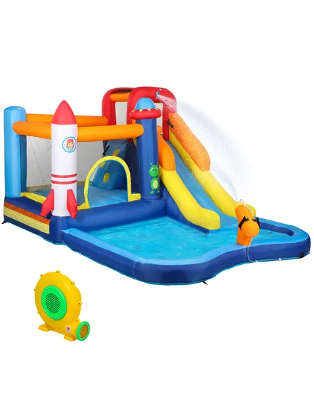 AIYAPLAY 5 in 1 Bouncy Castle for Children with 550W Blower, Water Slide, Splash Pool, Jumping Area, Climbing Wall, Cannon