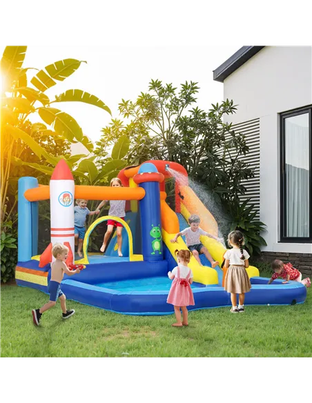 AIYAPLAY 5 in 1 Bouncy Castle for Children with 550W Blower, Water Slide, Splash Pool, Jumping Area, Climbing Wall, Cannon