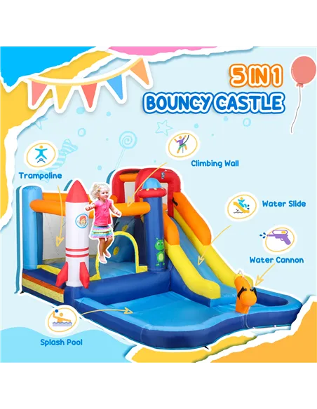 AIYAPLAY 5 in 1 Bouncy Castle for Children with 550W Blower, Water Slide, Splash Pool, Jumping Area, Climbing Wall, Cannon