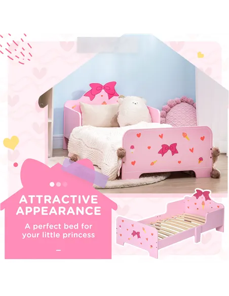 ZONEKIZ Princess-Themed Kids Toddler Bed w/ Cute Patterns, Safety Rails, for Ages 3-6 Years - Pink