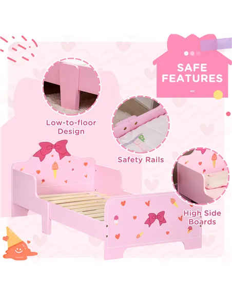 ZONEKIZ Princess-Themed Kids Toddler Bed w/ Cute Patterns, Safety Rails, for Ages 3-6 Years - Pink