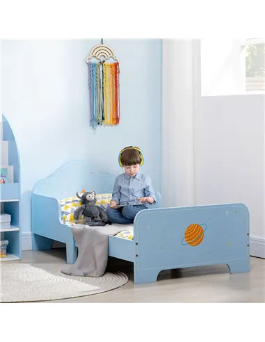 ZONEKIZ Space Themed Toddler Bed, Kids Bedroom Furniture, with Safety Rails - Blue