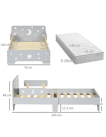 ZONEKIZ Kids Toddler Bed, with Star and Moon Patterns, Side Rails, for Ages 3-6 Years - Grey