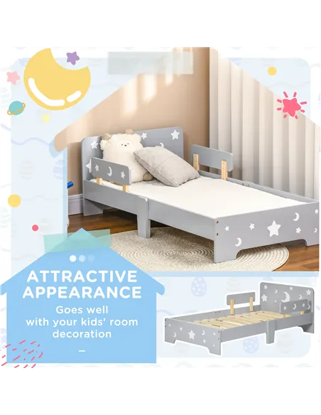 ZONEKIZ Kids Toddler Bed, with Star and Moon Patterns, Side Rails, for Ages 3-6 Years - Grey