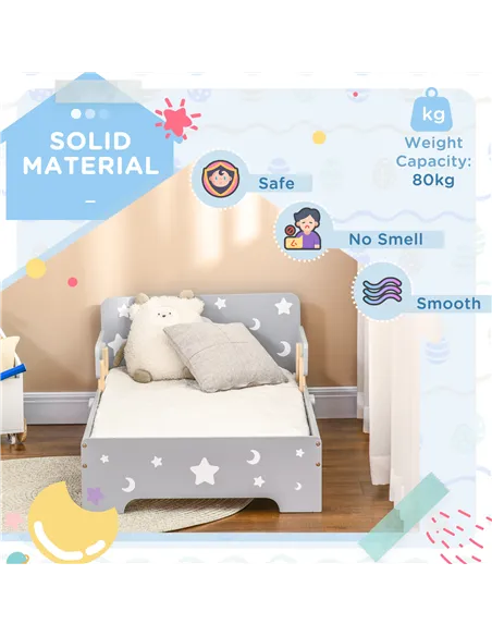 ZONEKIZ Kids Toddler Bed, with Star and Moon Patterns, Side Rails, for Ages 3-6 Years - Grey