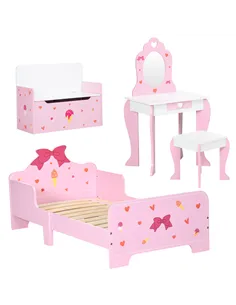 ZONEKIZ 4PCs Kids Bedroom Furniture Set with Bed, Toy Box Bench, Dressing Table and Stool, Princess Themed, for 3-6 Years Old, P