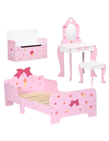 ZONEKIZ 4PCs Kids Bedroom Furniture Set with Bed, Toy Box Bench, Dressing Table and Stool, Princess Themed, for 3-6 Years Old, P