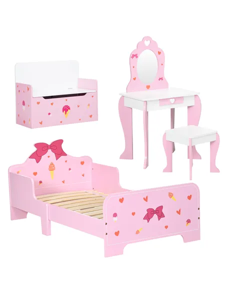 ZONEKIZ 4PCs Kids Bedroom Furniture Set with Bed, Toy Box Bench, Dressing Table and Stool, Princess Themed, for 3-6 Years Old, P