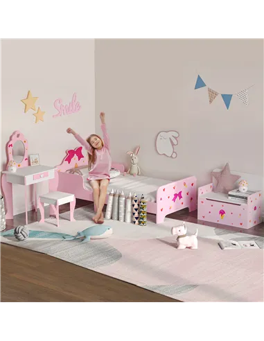 ZONEKIZ 4PCs Kids Bedroom Furniture Set with Bed, Toy Box Bench, Dressing Table and Stool, Princess Themed, for 3-6 Years Old, P