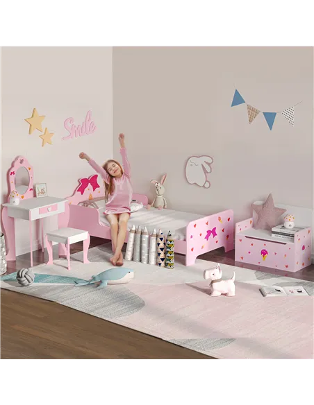 ZONEKIZ 4PCs Kids Bedroom Furniture Set with Bed, Toy Box Bench, Dressing Table and Stool, Princess Themed, for 3-6 Years Old, P